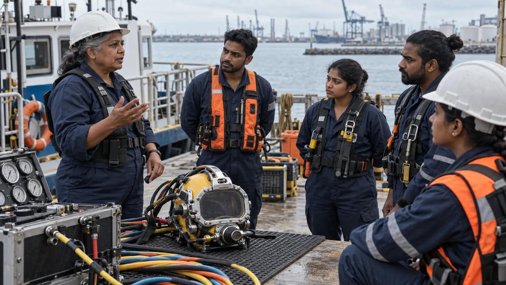 Senior commercial diving supervisor leading a dockside safety briefing