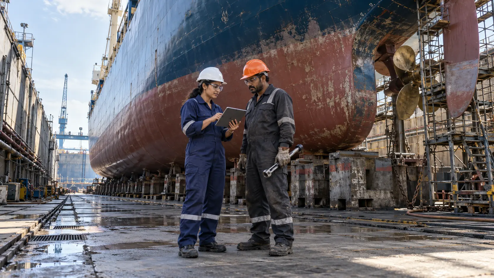Marine specialists supporting a vessel in a Colombo dockyard