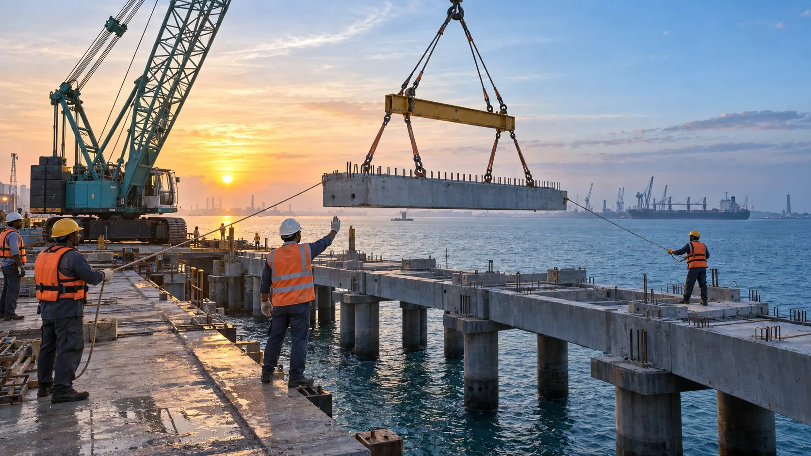 Marine civil construction crane installing a jetty structure