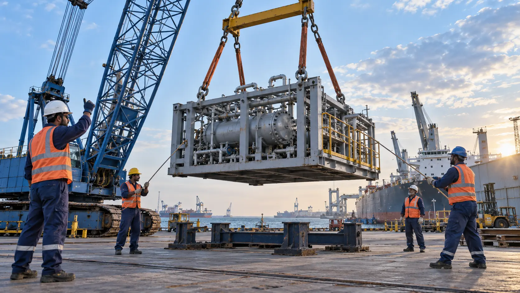 Rigging crew guiding a heavy lift at a marine construction site