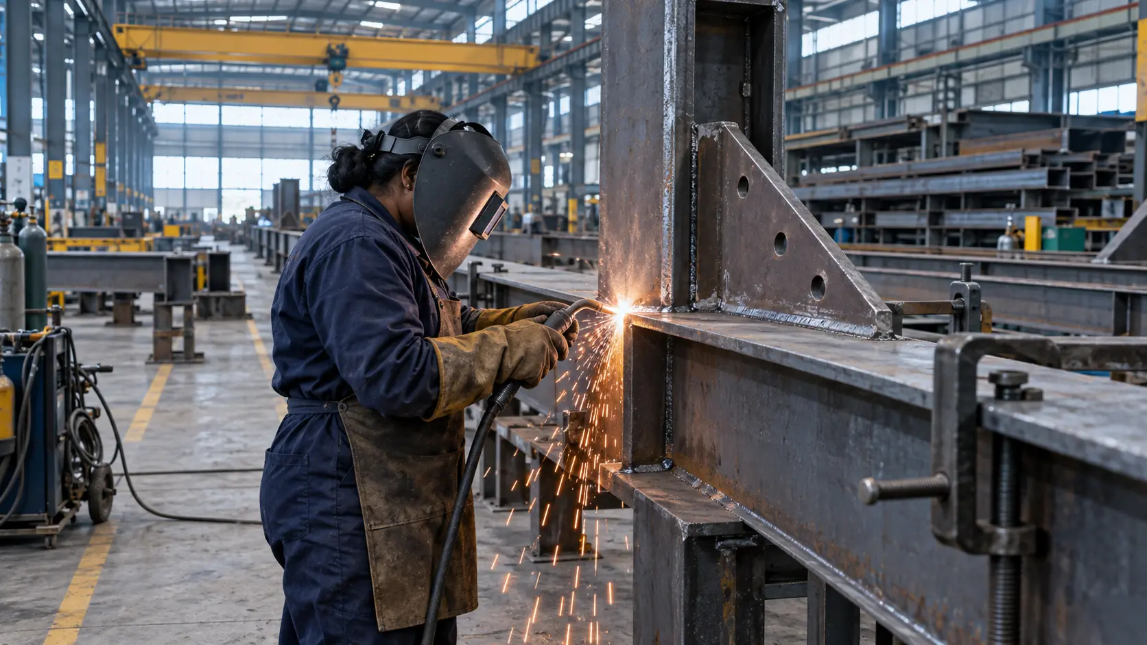 Fabricator welding structural steel inside an industrial workshop