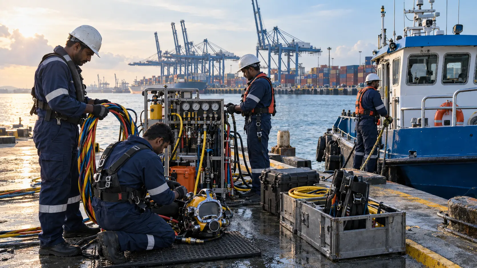 Commercial dive support crew and equipment operating at a container terminal
