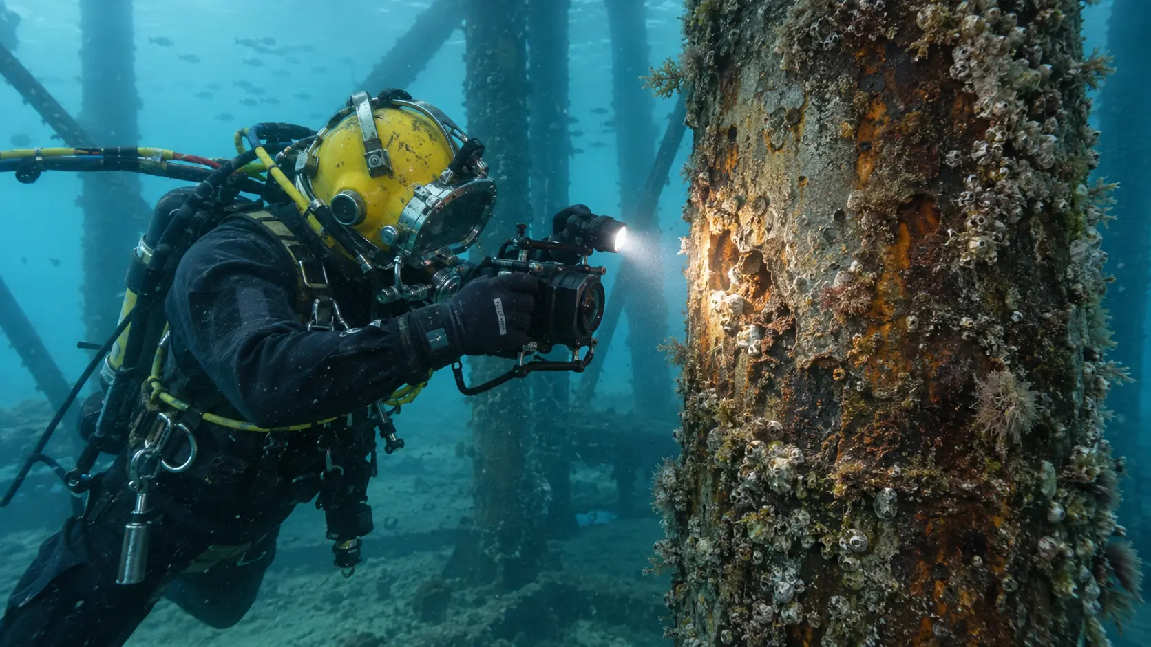 Commercial diver documenting an underwater pile inspection