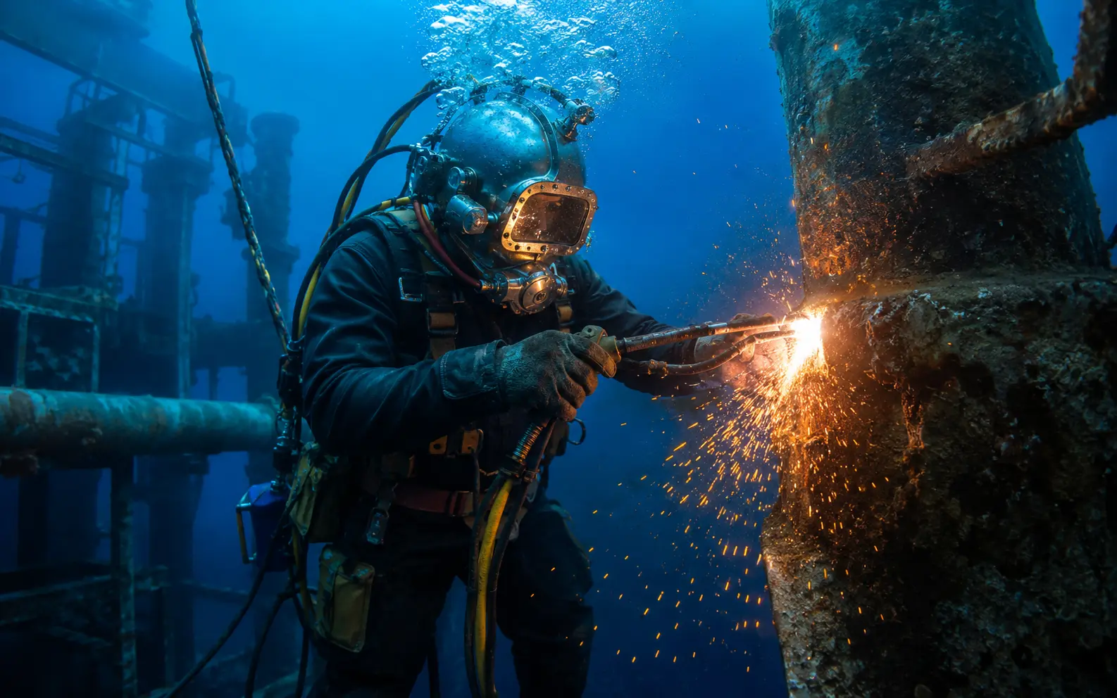 Commercial diver performing controlled underwater welding